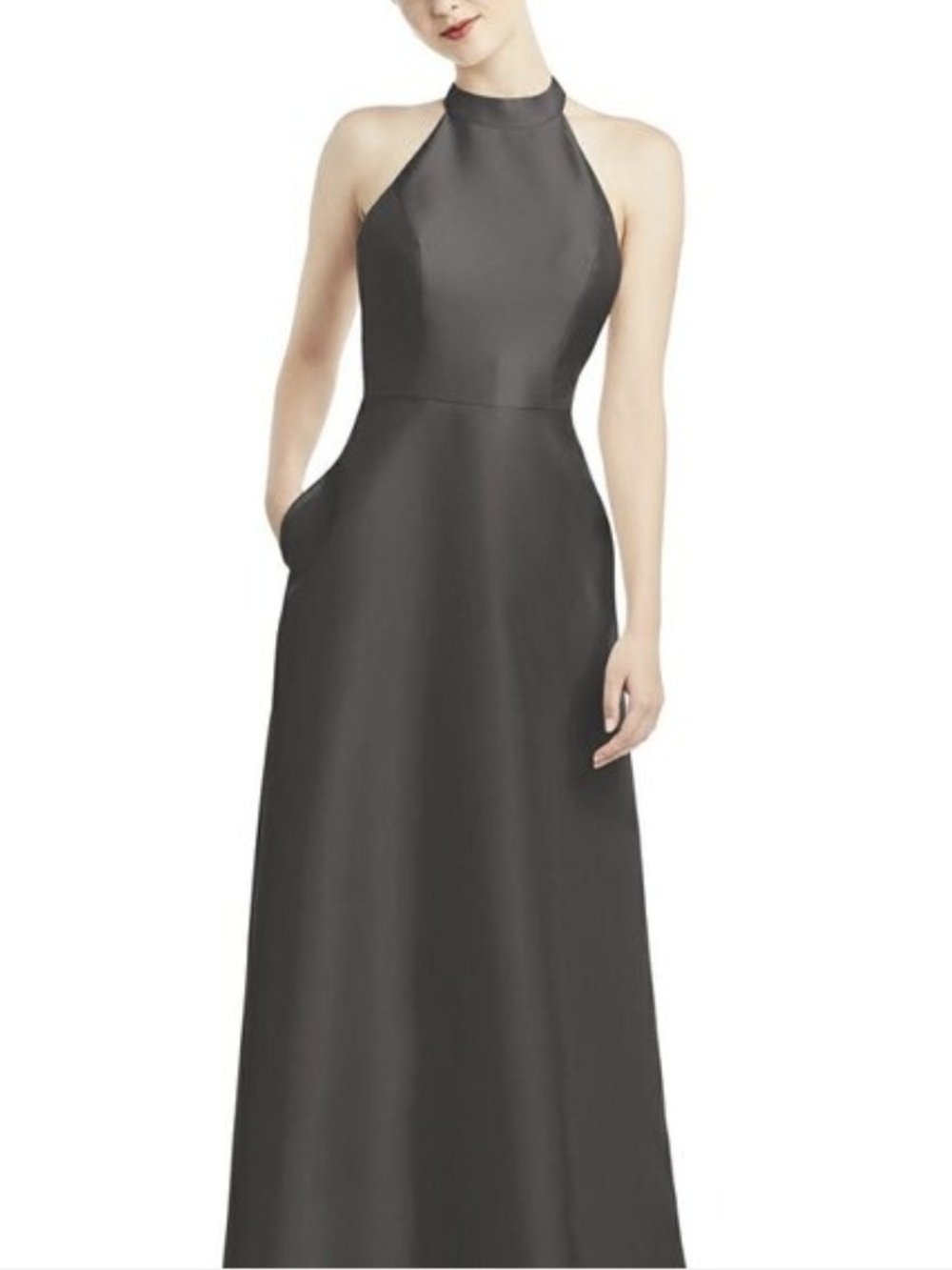 ALFRED SUNG Charcoal Halter Satin Gown